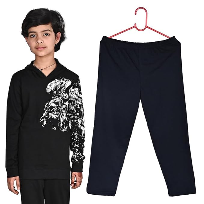 Stylish Boys' Black Hoodie and Pant Set with Bold Lion Print ? Trendy and Comfortable Outfit (13-14 Years)