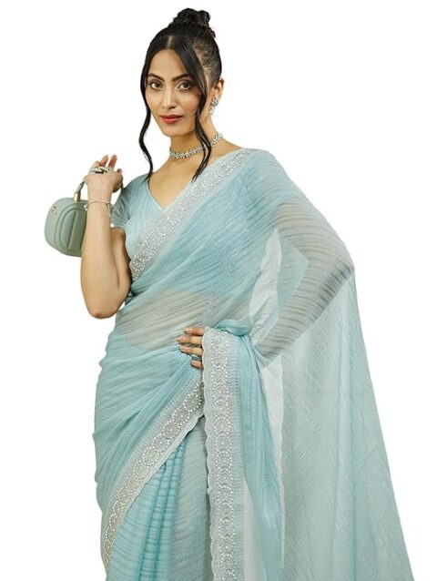 SIRIL Women's Shimmer Chiffon Embroidery Stone Work Saree With Unstitched Blouse Piece