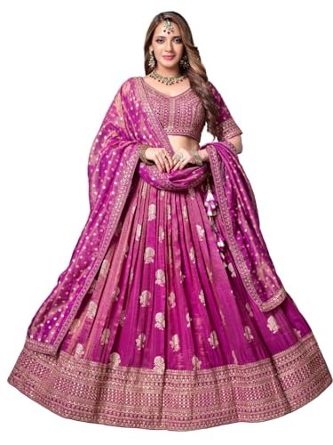 ADHIA Women's Tissue Silk Embroidery Work Lehenga Choli With Dupatta Set (Standard, Magenta, Large)