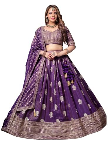 ADHIA Women's Tissue Silk Embroidery Work Lehenga Choli With Dupatta Set (Standard, Purple, Large)