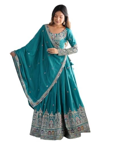 M/S PREM CRAFTS Women's Crepe Silk Sequence Embroidery and Zari Work Rajsthani Lehenga Choli with Dupatta (Aqua Blue-L)