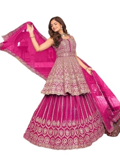 Luxury Bridal Lehenga Choli Set with Embroidered Dupatta, Magenta Pink and Gold (Magenta, 2XL)