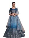 Designer Sequined Lehenga Choli Set, Navy Blue Ombre with Silver Chevron Pattern, Sheer Dupatta