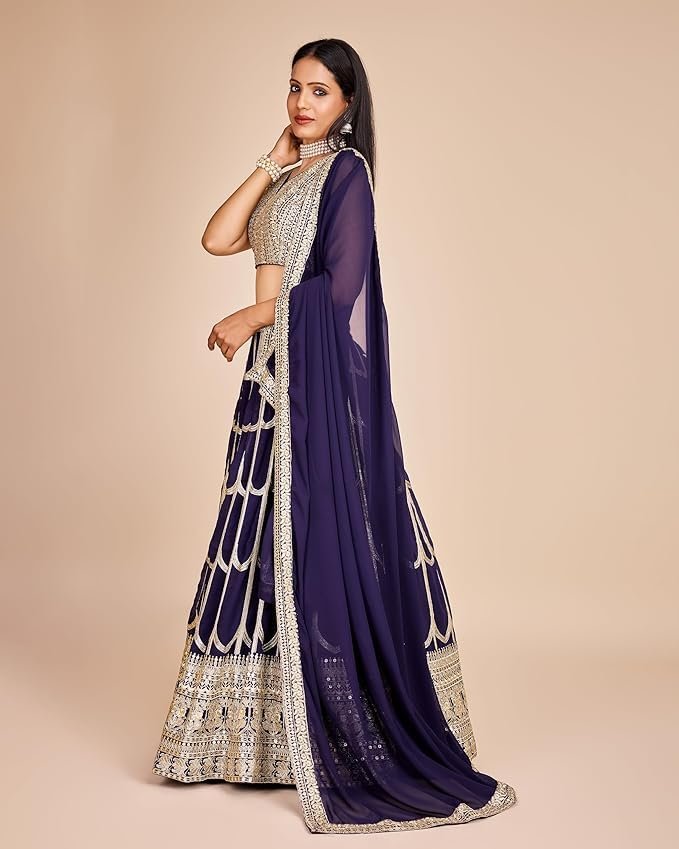 Women's Sequins Zari Embroidered Pure Georgette Lehenga Choli With Dupatta Indian Style Designer Wedding Events Party (BLUE) - Image 6