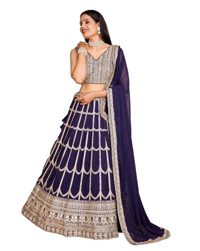 Women's Sequins Zari Embroidered Pure Georgette Lehenga Choli With Dupatta Indian Style Designer Wedding Events Party (BLUE)