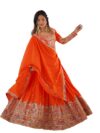 JIHU CULTURE Women's Natural Silk Coding Dori With Sequence Embroidery Work Semi Sttiched Lehenga Choli Set For Wedding (Orange)