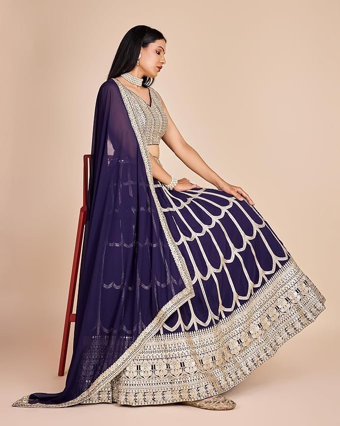 Women's Sequins Zari Embroidered Pure Georgette Lehenga Choli With Dupatta Indian Style Designer Wedding Events Party (BLUE) - Image 5
