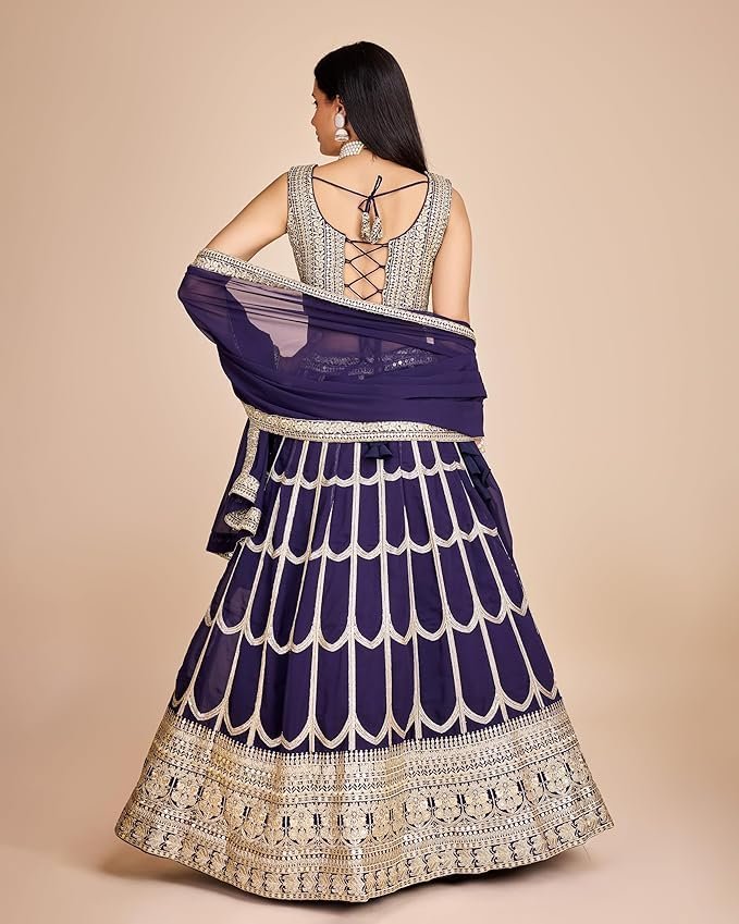 Women's Sequins Zari Embroidered Pure Georgette Lehenga Choli With Dupatta Indian Style Designer Wedding Events Party (BLUE) - Image 2