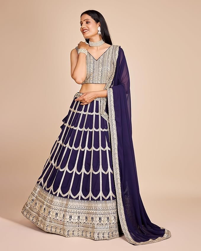 Women's Sequins Zari Embroidered Pure Georgette Lehenga Choli With Dupatta Indian Style Designer Wedding Events Party (BLUE) - Image 7
