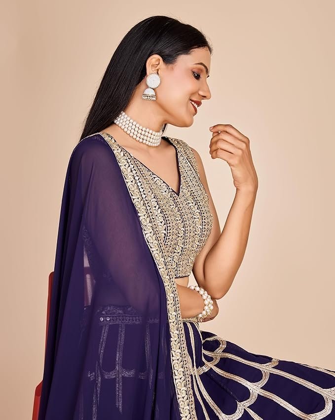 Women's Sequins Zari Embroidered Pure Georgette Lehenga Choli With Dupatta Indian Style Designer Wedding Events Party (BLUE) - Image 4