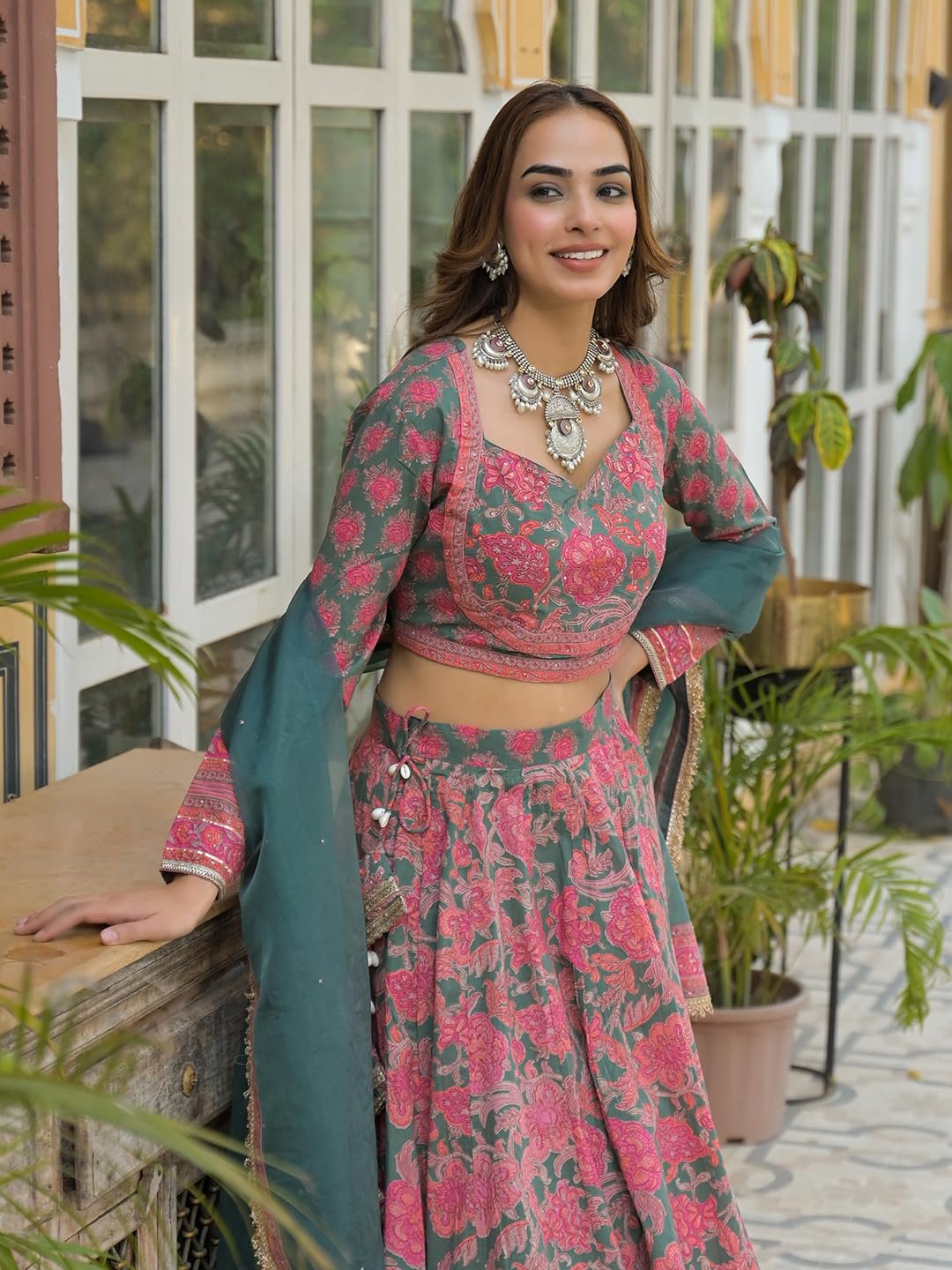 Divena Green Printed Cotton Lehenga with Choli and Dupatta - Image 2
