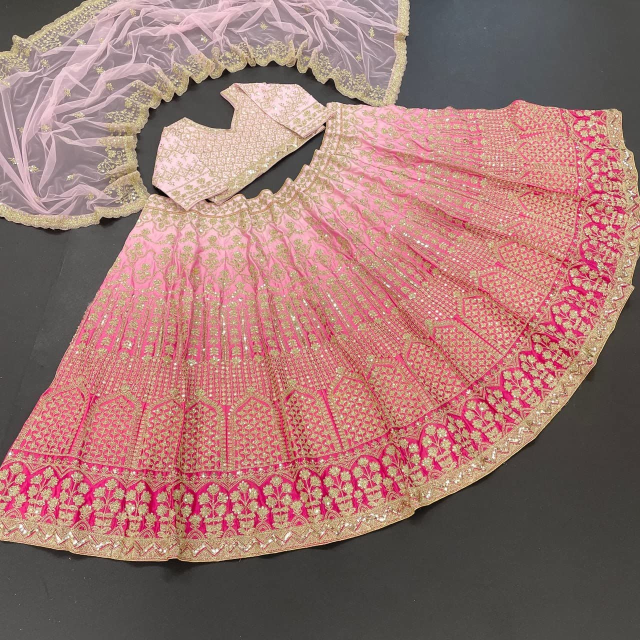 TRENDMALLS Women's Satin Embroidery Bridal Lehenga Choli With Net Dupatta (L148-Pink, Semi stitched) - Image 4