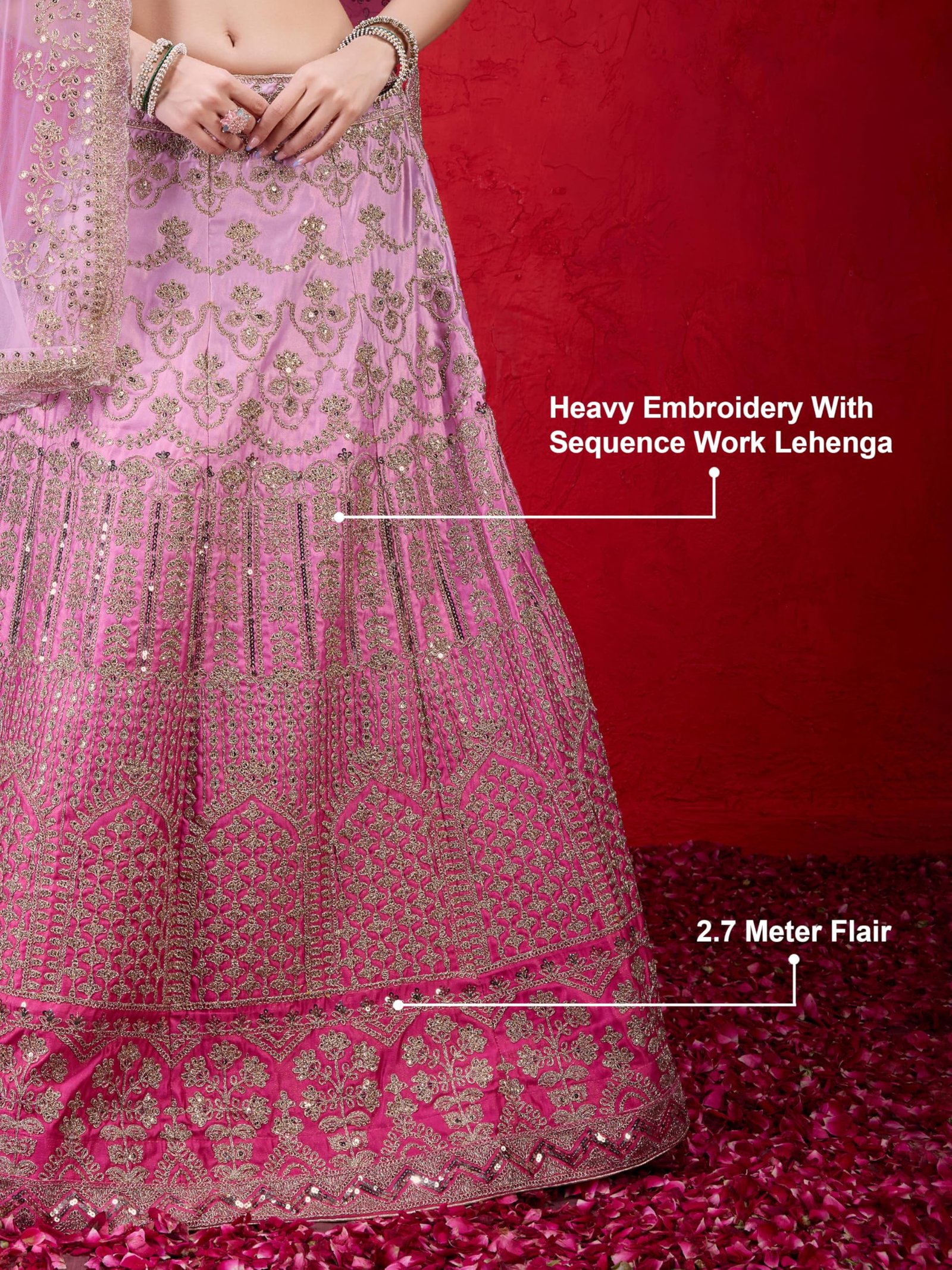 TRENDMALLS Women's Satin Embroidery Bridal Lehenga Choli With Net Dupatta (L148-Pink, Semi stitched) - Image 6