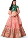 Zeel Clothing Women's Net Embroidered Semi-Stitched Bridal New Lehenga Choli with Dupatta (7315-Peach-Green-Wedding-Latest-Lehenga; Free Size) (Pink)