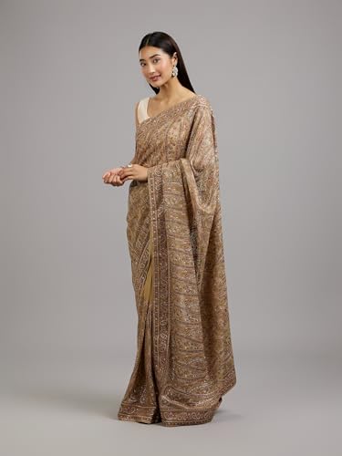 MOHEY Women's Georgette Thread & Stone Work Saree with Blouse Piece(Beige) - Image 5