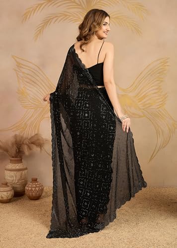 TRENDMALLS Women's Georgette Siroski work Saree with Unstitched Blouse Piece (K1207-Black) - Image 9