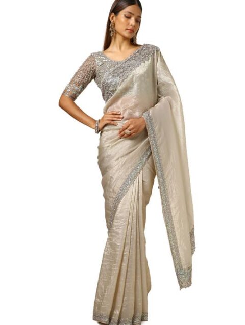 Soch Womens Beige Organza Embroidered Saree With Sequins