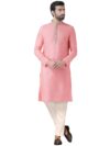 KISAH Men's Cotton Blend Long Sleeves Regular Fit Solid Pink Kurta Trousers Set (S)