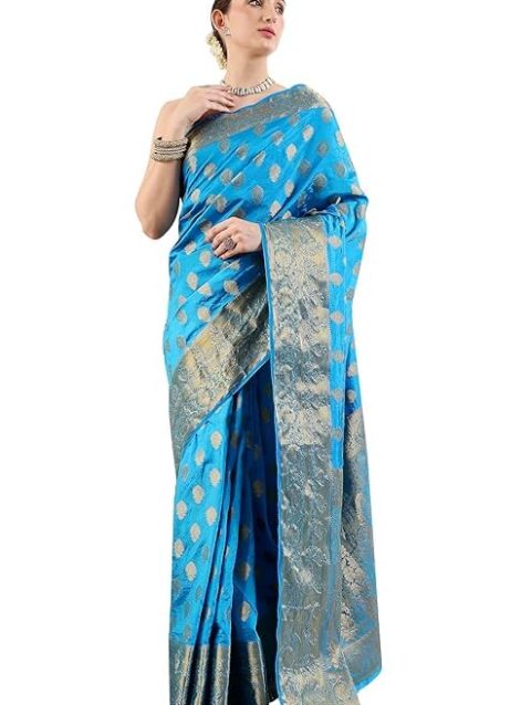 Simnder Women's Banarasi Silk Blue Leaf Print Saree With Golden Zari Work With Blouse Piece | Banarasi Wedding Silk Saree For Women | Bridal Sarees (Blue, Leaf Print)