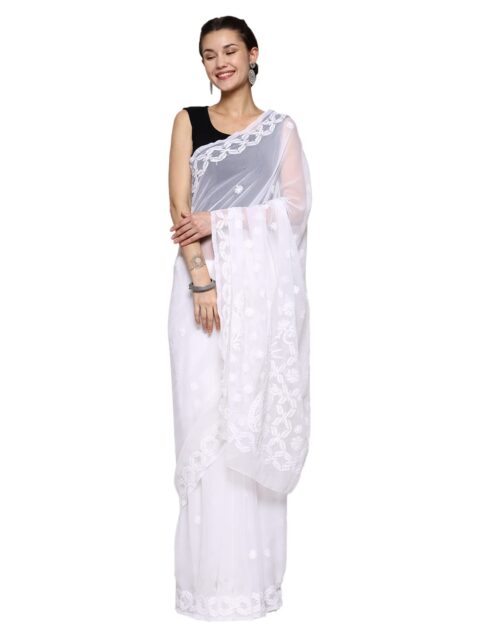 Ada Women Hand Embroidered Lucknowi Chikankari Georgette Saree With Unstitched Blouse Piece A191492, White