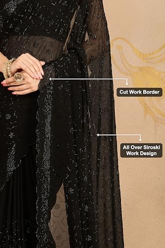 TRENDMALLS Women's Georgette Siroski work Saree with Unstitched Blouse Piece (K1207-Black) - Image 6