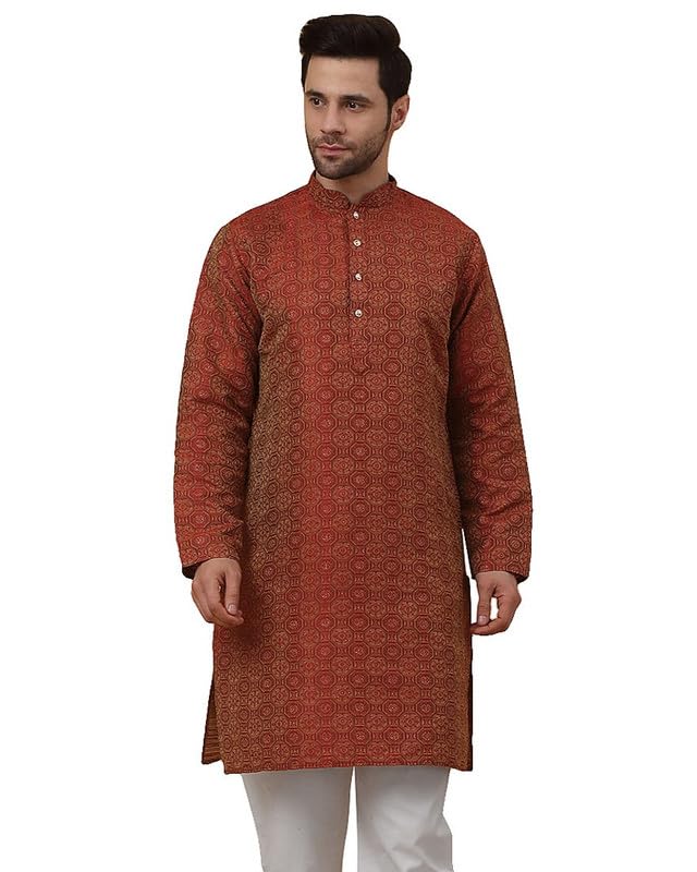 KRAFT INDIA Men's Silk Blend Jacquard Bandhani Maroon Kurta Only (Size- Large)