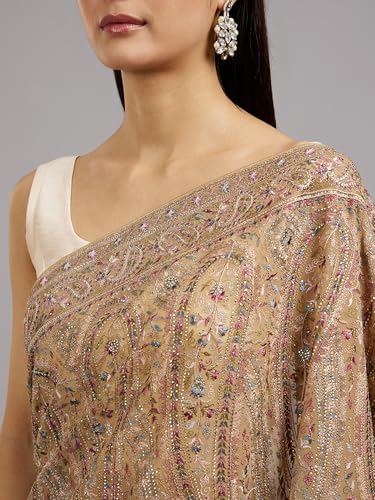 MOHEY Women's Georgette Thread & Stone Work Saree with Blouse Piece(Beige) - Image 4