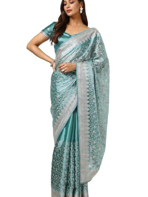 Soch Womens Teal Organza Embroidered Saree With Stone Work