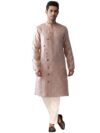 KISAH Men's Cotton Blend Long Sleeves Regular Fit Woven Design Pink Kurta Trousers Set (M)
