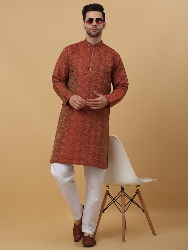 KRAFT INDIA Men's Silk Blend Jacquard Bandhani Maroon Kurta Only (Size- Large) - Image 3