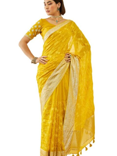 Soch Womens Yellow Organza Embroidered Saree with Thread Work(8907175714638)