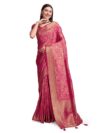 DOI MOI Pure Maheshwari Silk Baby Pink Colour Hand Dyed Banarasi Sari for women with unstitched blouse piece(MAHESHWARISILK_1007)