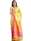 Very Much Indian Pure Linen Yellow Saree With Sleek Border Stripes and Tassels For Women Includes Blouse Piece As Seen on Shark Tank India
