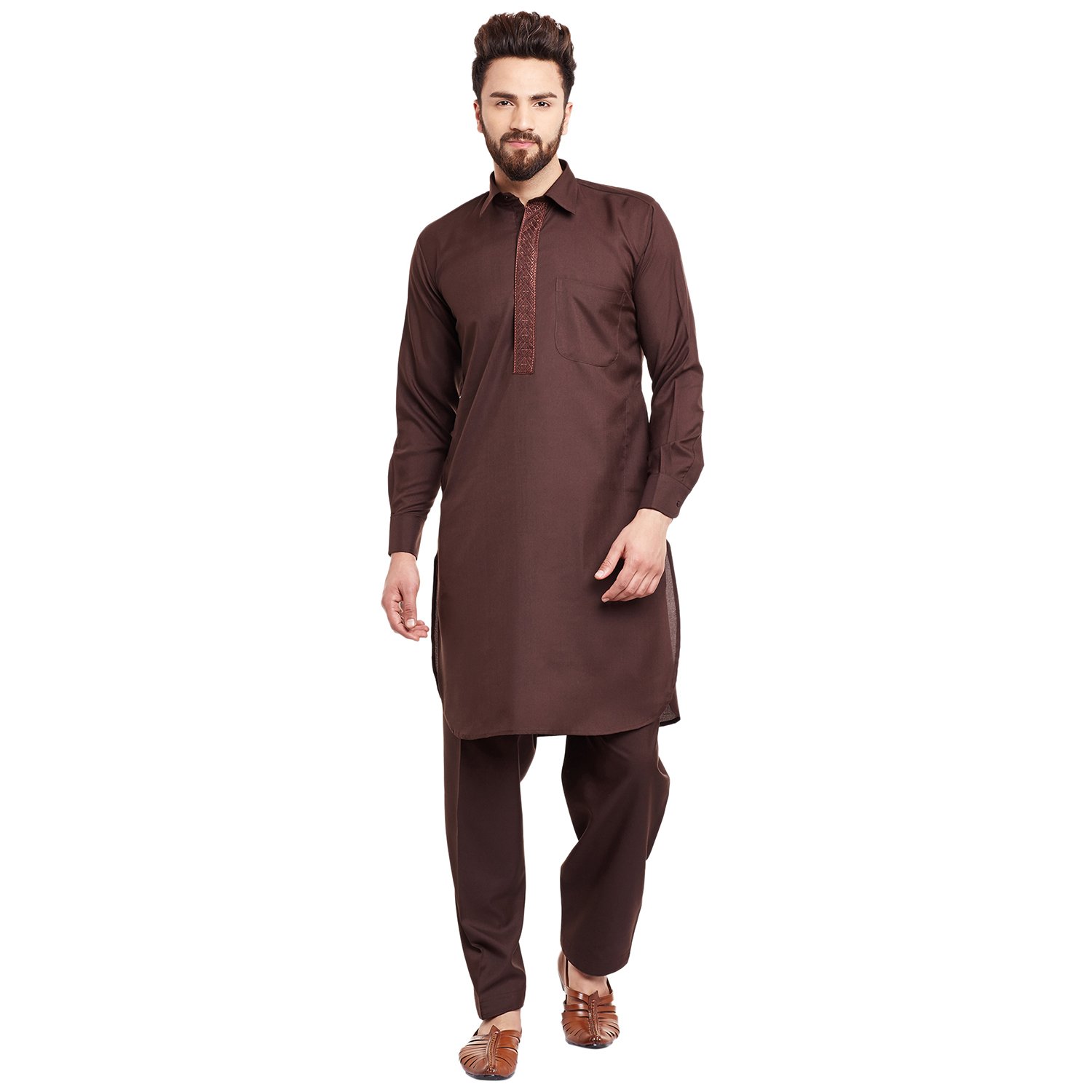SOJANYA (Since 1958 Men's Chocolate Brown Cotton Blend Pathani Kurta Salwar - Image 4