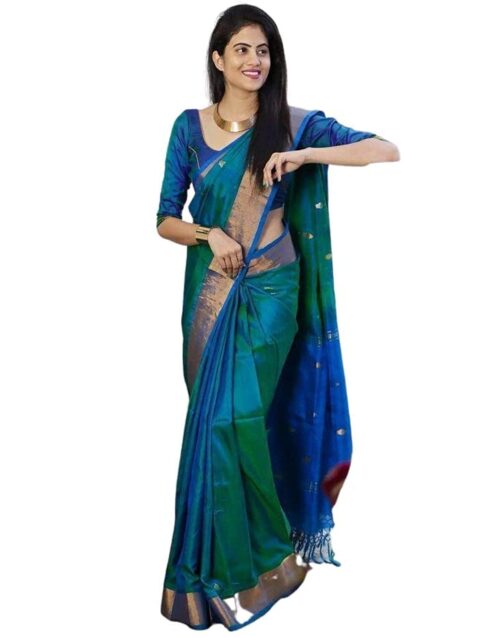 SGF11 Women's Kanjivaram Zari Woven Soft Silk Saree With Unstiched Blouse Piece (Rama Green)