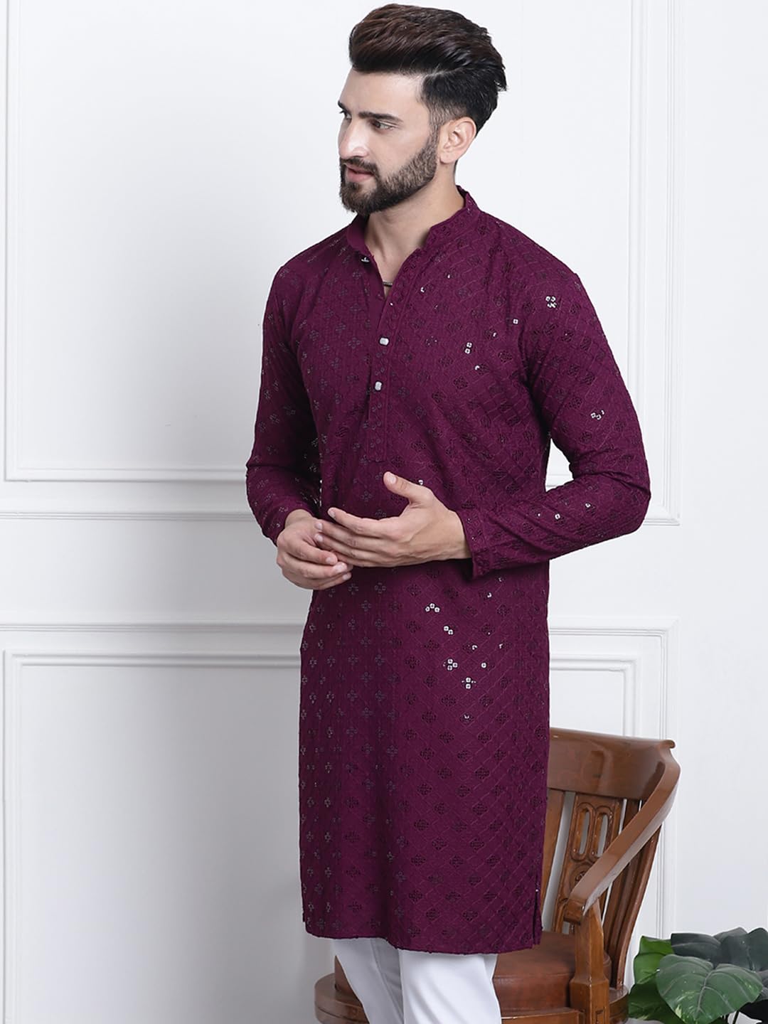 SOJANYA (Since 1958 Men's Pure Cotton Purple Sequence Only Long Kurta - Image 6