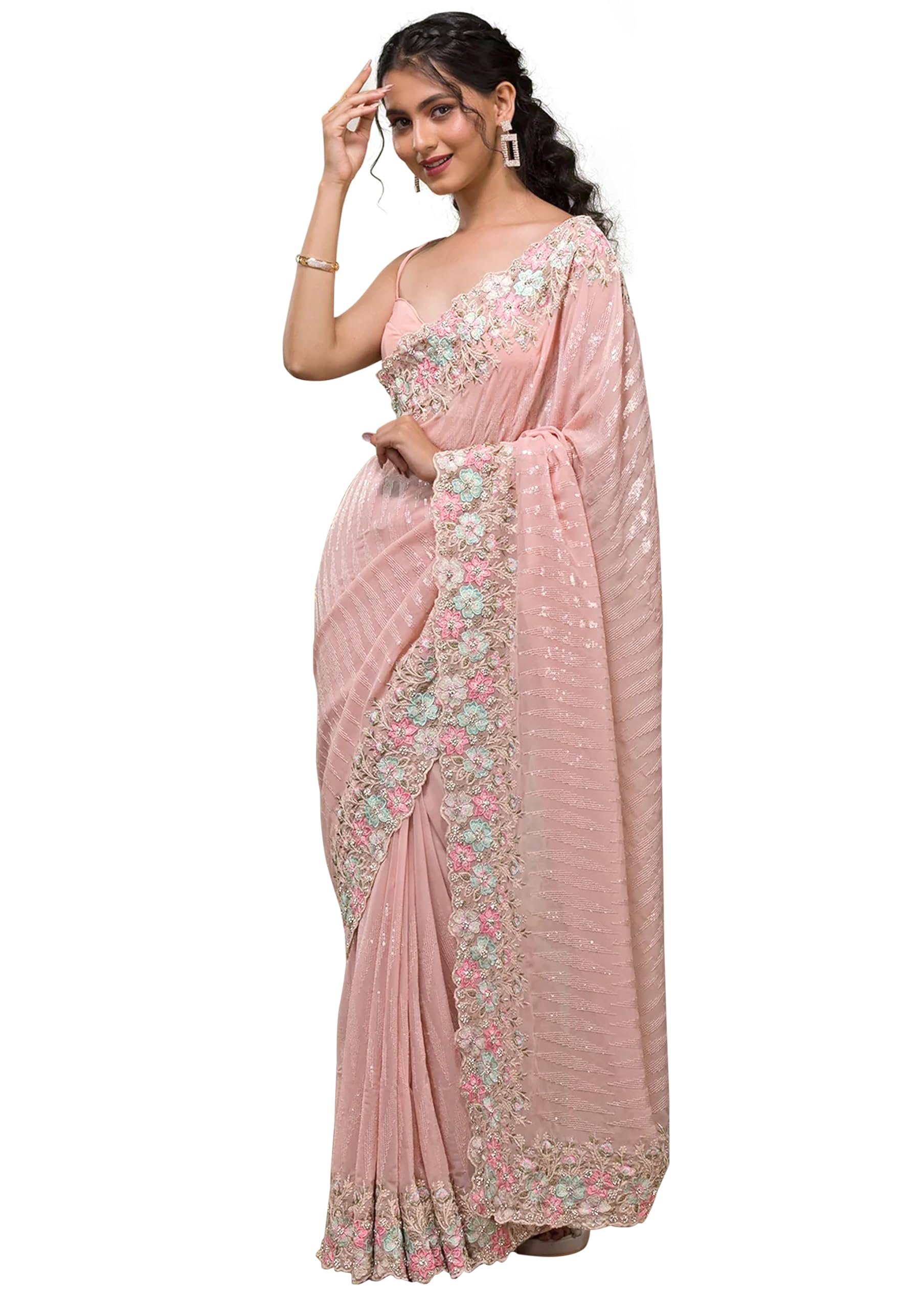 TRENDMALLS Women's Georgette Embroidery Sequence Work Saree With Unstitched Blouse Piece (K1100-Pink)