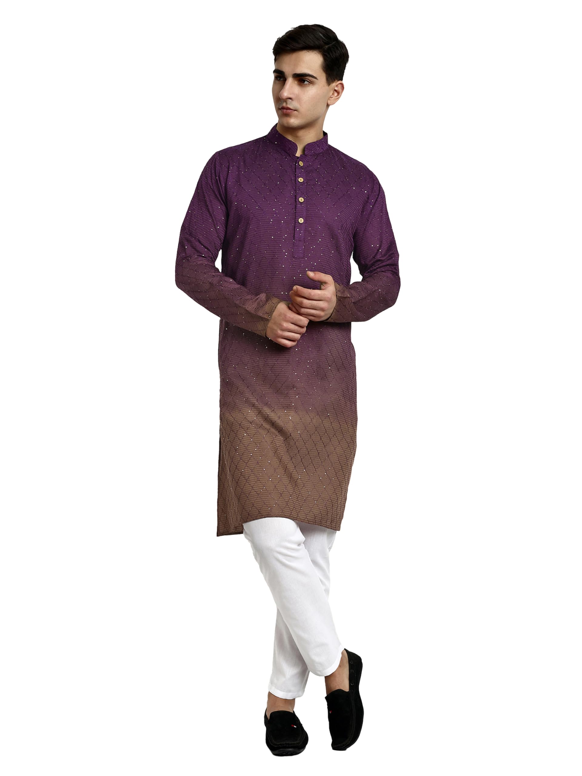 Vardha Men's Cotton Chikankari Embroidered and Sequence Full Sleeve Knee Length Casual Kurta for All Occations Like Wedding, Office & Events (MK_39_M_LK)