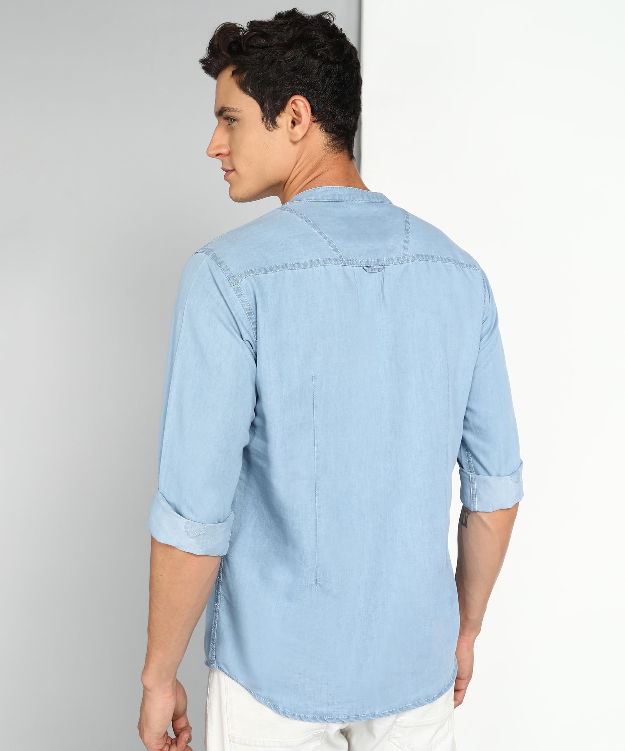 Kuons Avenue Men's Denim Casual Short Kurta (KACLFS1169Y-L_Icewash Blue_Large) - Image 9