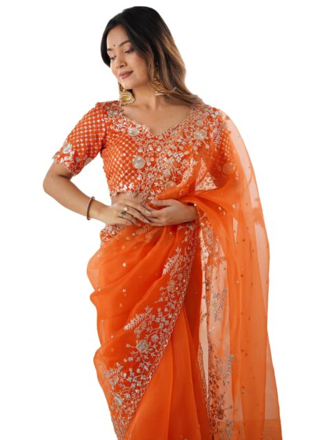 SIRIL Women's Organza Sequence Embroidery Saree With Unstitched Blouse Piece (4472S116_Orange)