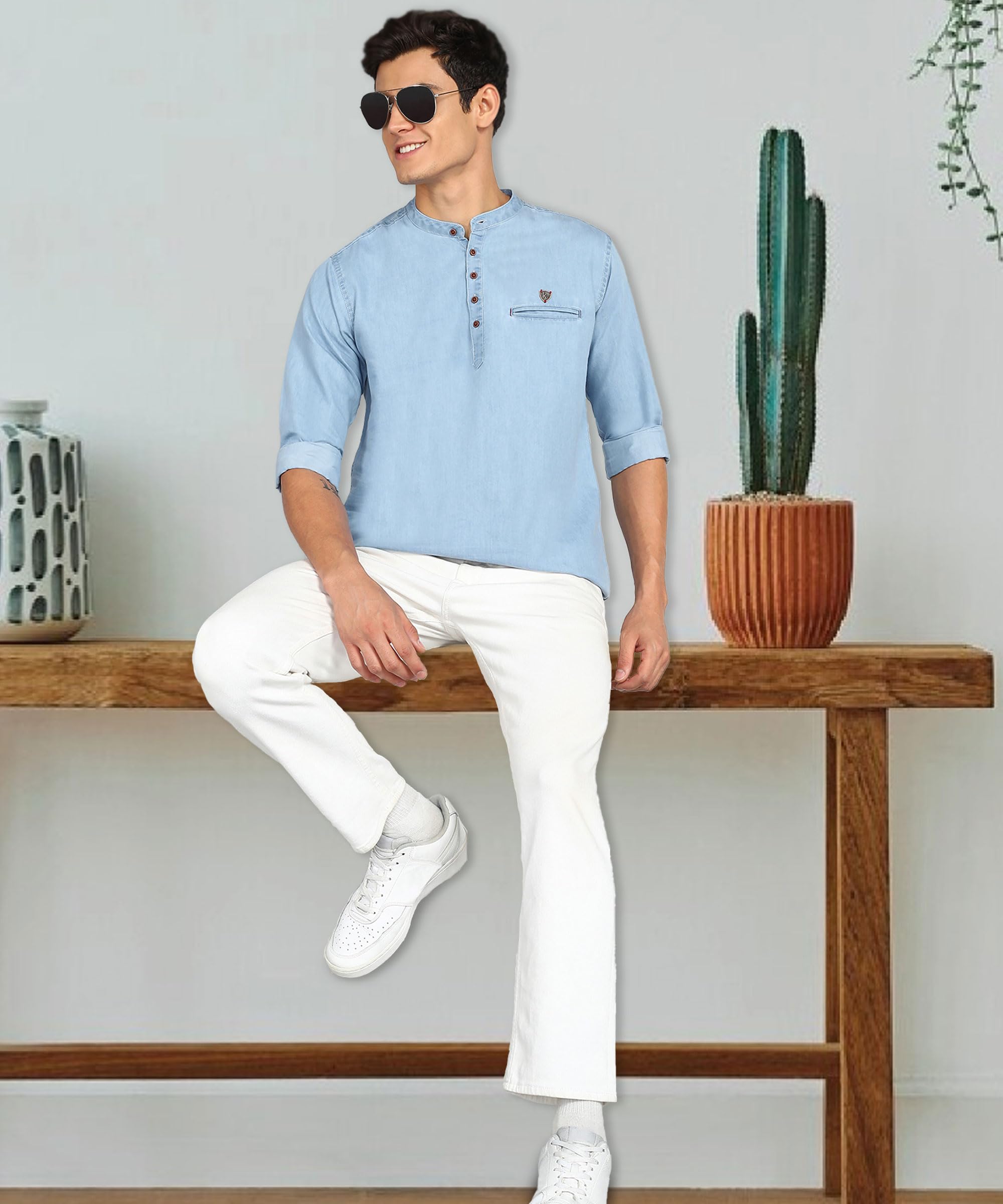 Kuons Avenue Men's Denim Casual Short Kurta (KACLFS1169Y-L_Icewash Blue_Large) - Image 8