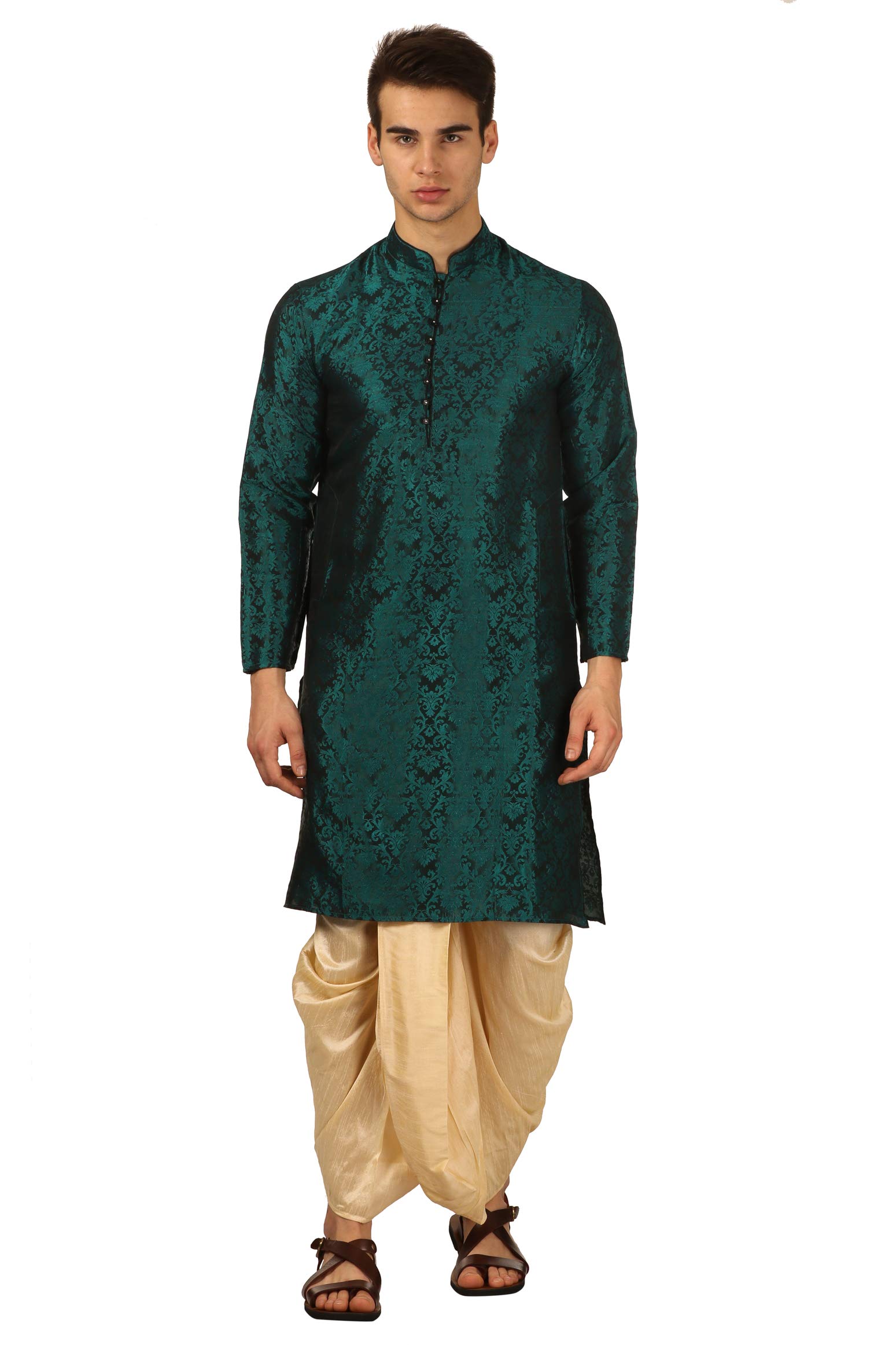 Royal Kurta Mens Jacquard Silk Printed Kurta And Dhoti Pant (40, Green)