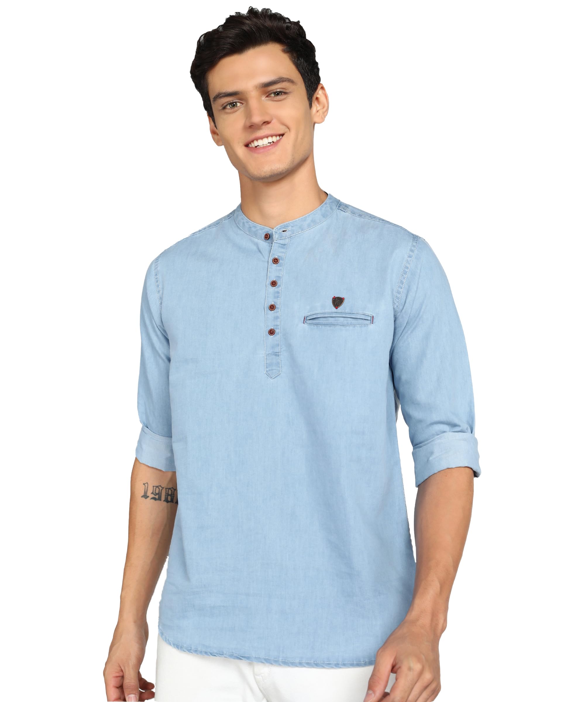 Kuons Avenue Men's Denim Casual Short Kurta (KACLFS1169Y-L_Icewash Blue_Large)