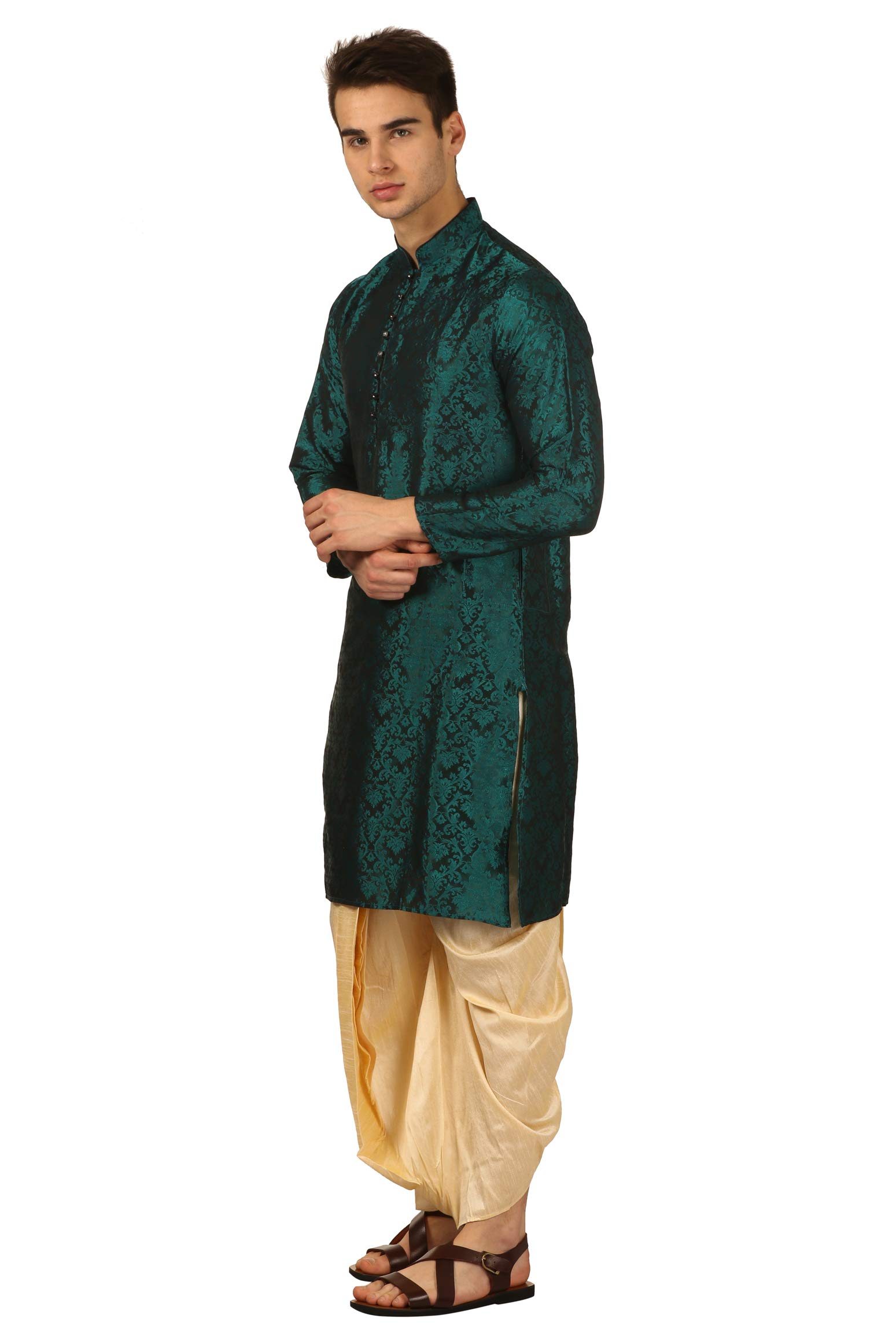Royal Kurta Mens Jacquard Silk Printed Kurta And Dhoti Pant (40, Green) - Image 5
