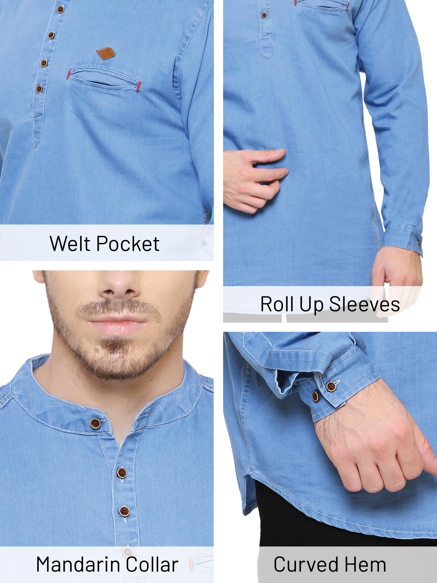 Kuons Avenue Men's Tailored Fit Denim Short Kurta (KACLFS1169E-XL_Sky Blue_X-Large) - Image 3