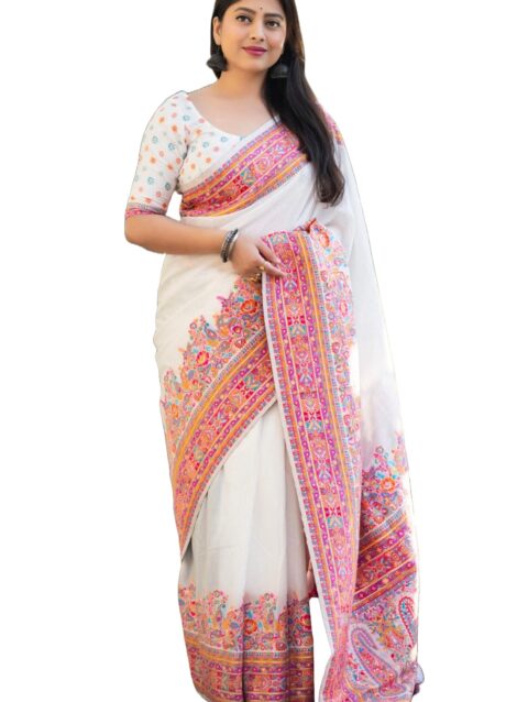 Pandadi Saree Woman's Kasmiri Cotton Saree With Unstitched Blouse Piece, White