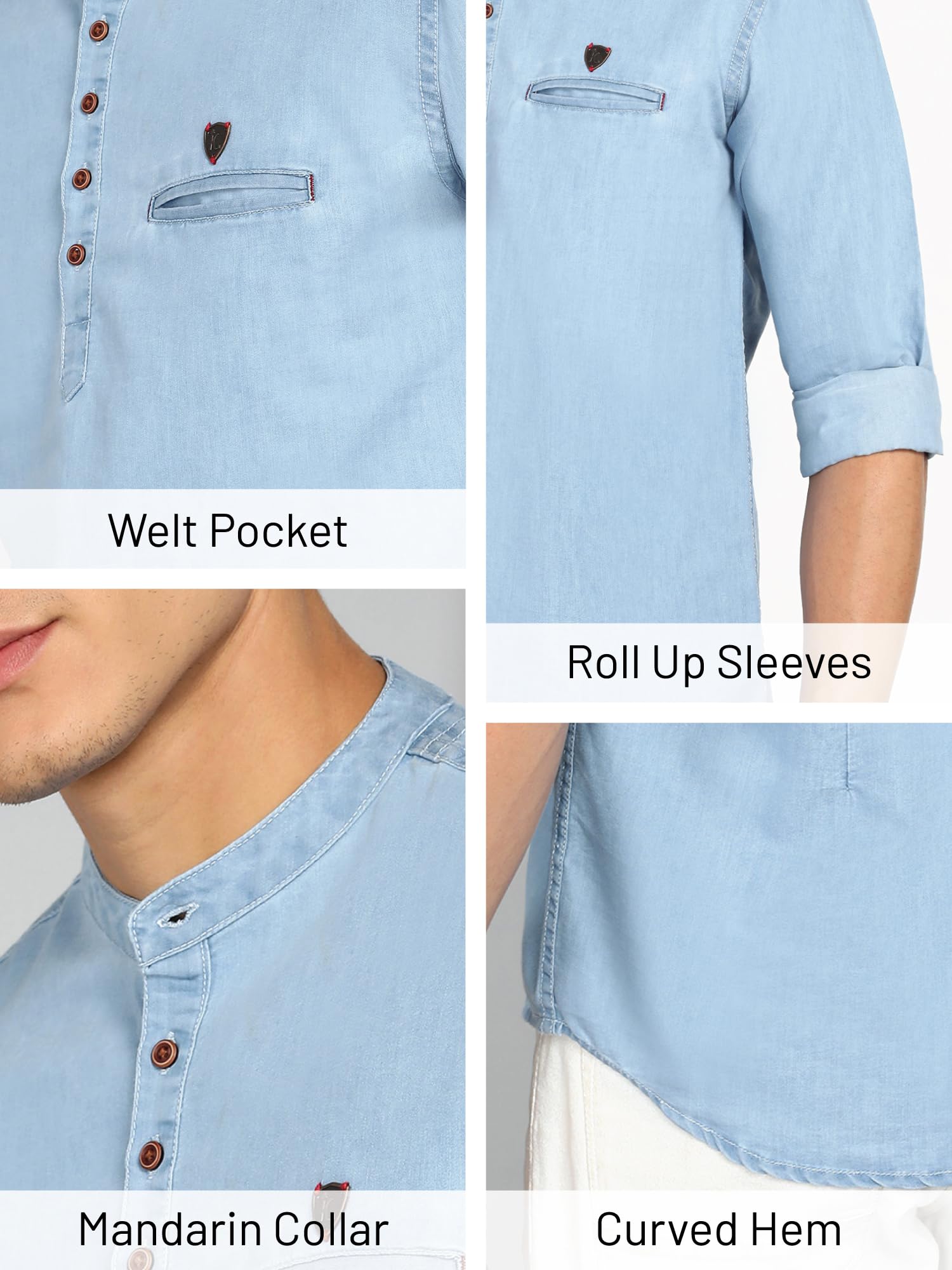 Kuons Avenue Men's Denim Casual Short Kurta (KACLFS1169Y-L_Icewash Blue_Large) - Image 4