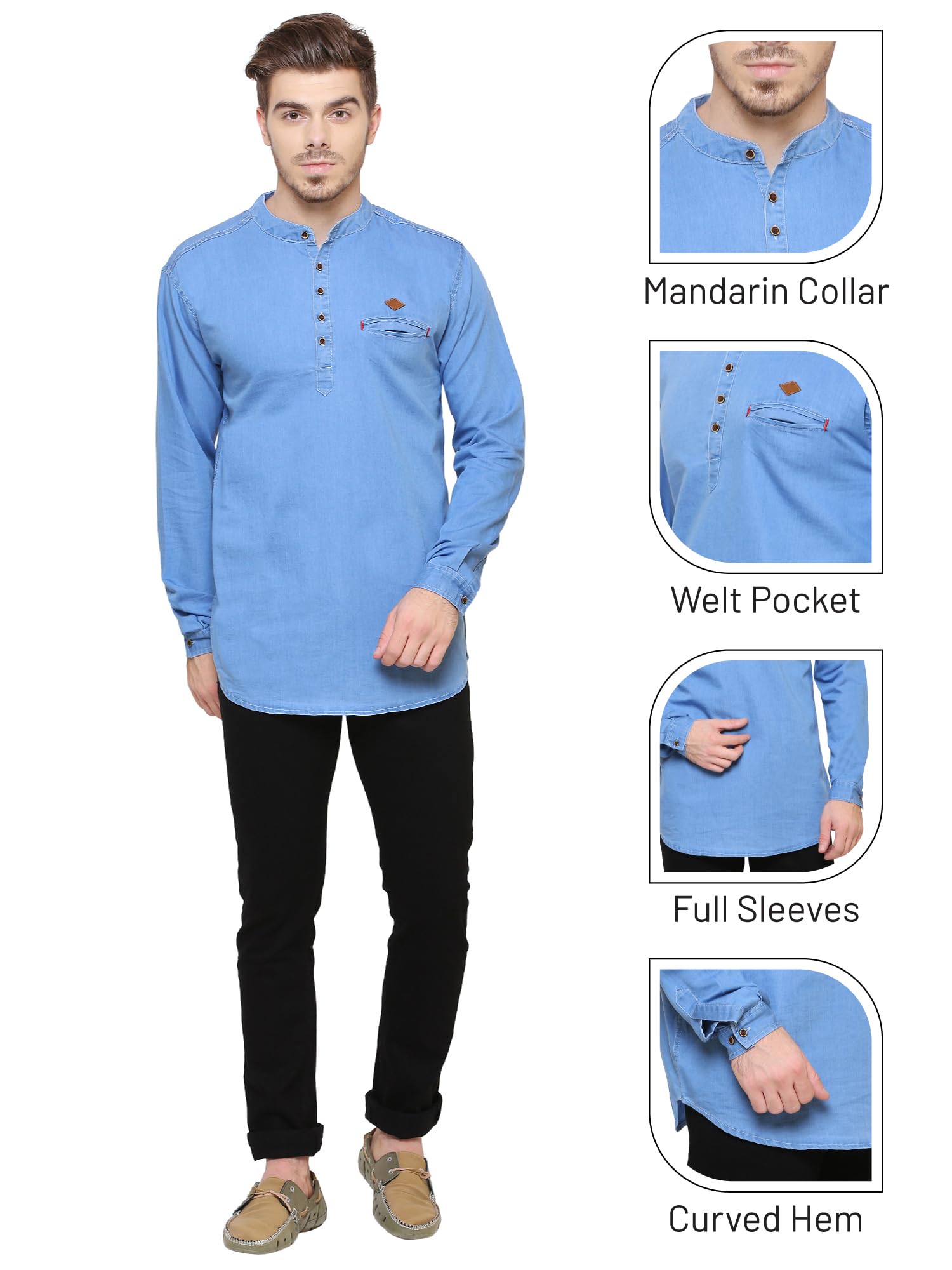 Kuons Avenue Men's Tailored Fit Denim Short Kurta (KACLFS1169E-XL_Sky Blue_X-Large) - Image 4