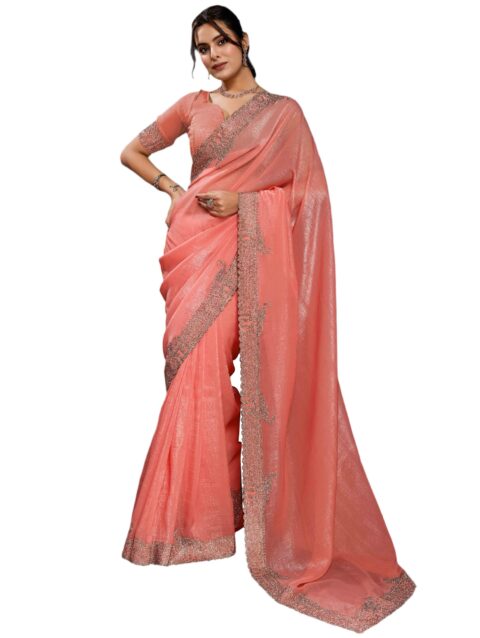 Peach Zarkan Diamond Work Crunchy Silk Fancy Fabric Saree|Saree with Unstitched Blouse Piece