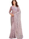 TRENDMALLS Women's Net Embroidery Stone, Sequin Work Saree with Unstitch Blouse Piece (K1126-Pink)